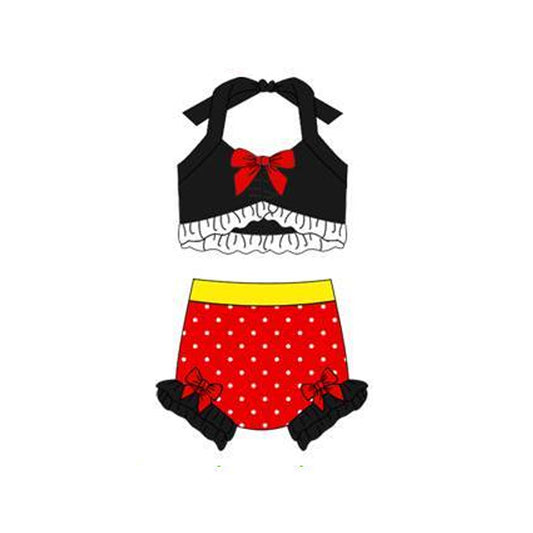 Baby Girls Black Red Polka Dots Strap Vest Bows Bummies 2 Pieces Swimsuits Preorder
