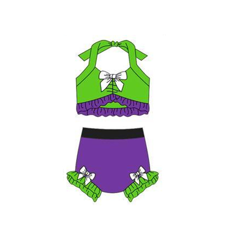 Baby Girls Green Purple Strap Vest Bows Bummies 2 Pieces Swimsuits Preorder