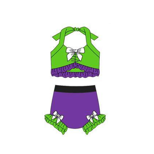 Baby Girls Green Purple Strap Vest Bows Bummies 2 Pieces Swimsuits Preorder