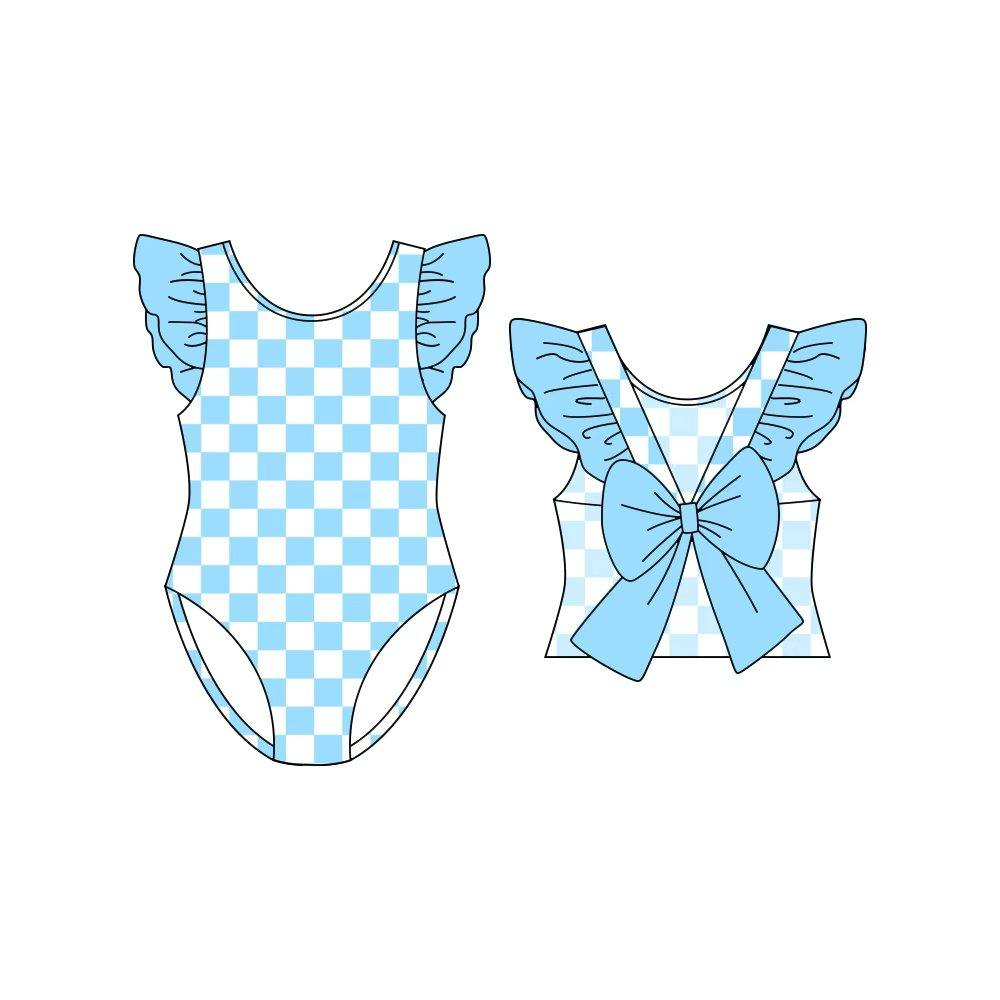 Baby Girls Flutter Sleeve Blue Checked Back Bows Swimsuits Preorder