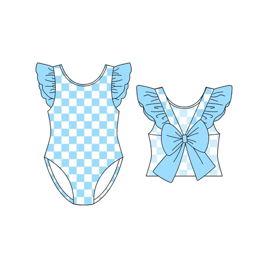 Baby Girls Flutter Sleeve Blue Checked Back Bows Swimsuits Preorder
