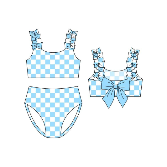 Baby Girls Strap Blue Checked Back Bows Vest Top Bummies 2 Piece Swimsuits Preorder