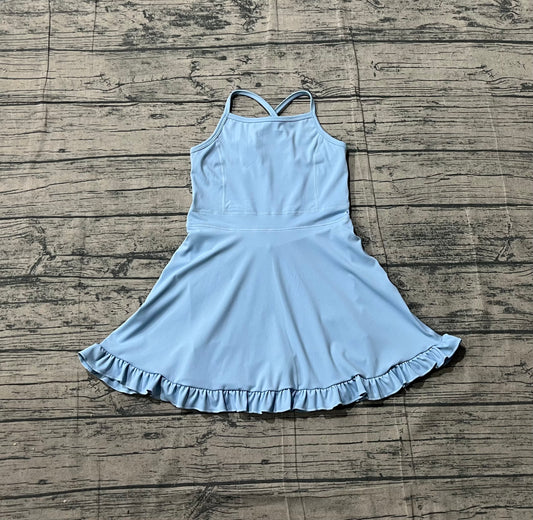 Baby Girls Light Blue Strap Yoga Active Shorts Ruffle Knee Length Dresses Preorder