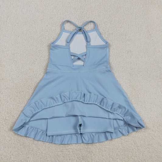 Baby Girls Light Blue Strap Yoga Active Shorts Ruffle Knee Length Dresses