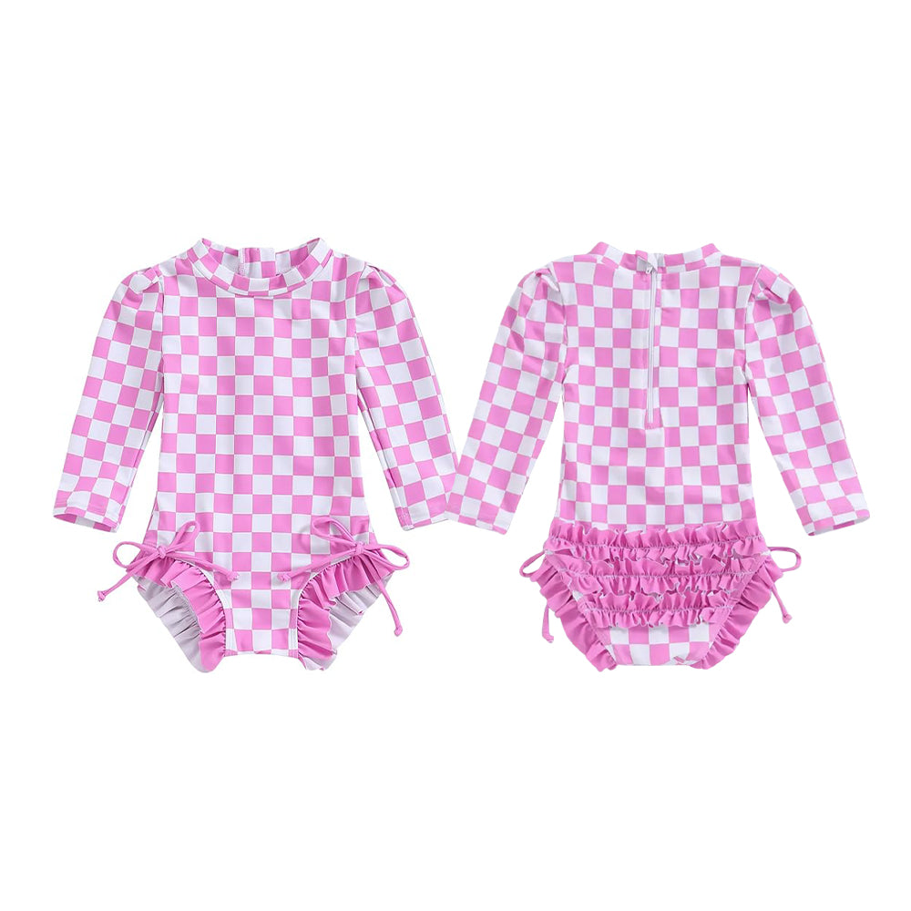 Baby Girls Pink Checked Long Sleeve Ruffle Bummies Swimsuits Preorder