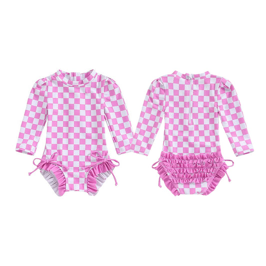 Baby Girls Pink Checked Long Sleeve Ruffle Bummies Swimsuits Preorder