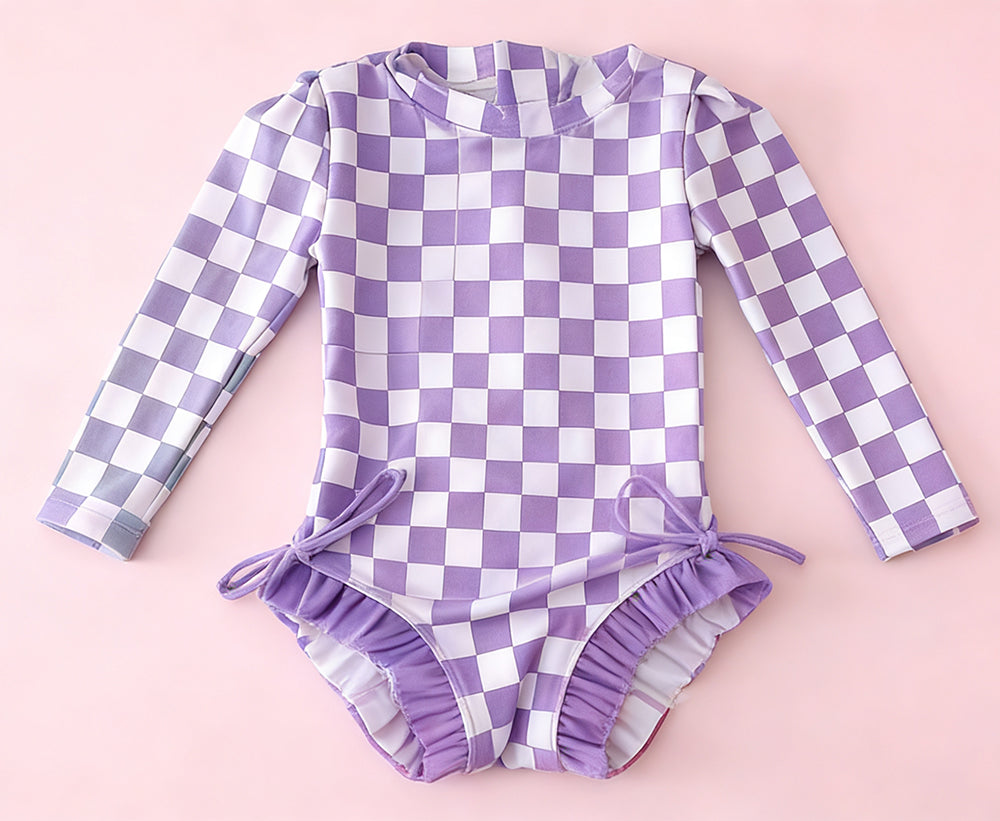 Baby Girls Purple Checked Long Sleeve Ruffle Bummies Swimsuits Preorder