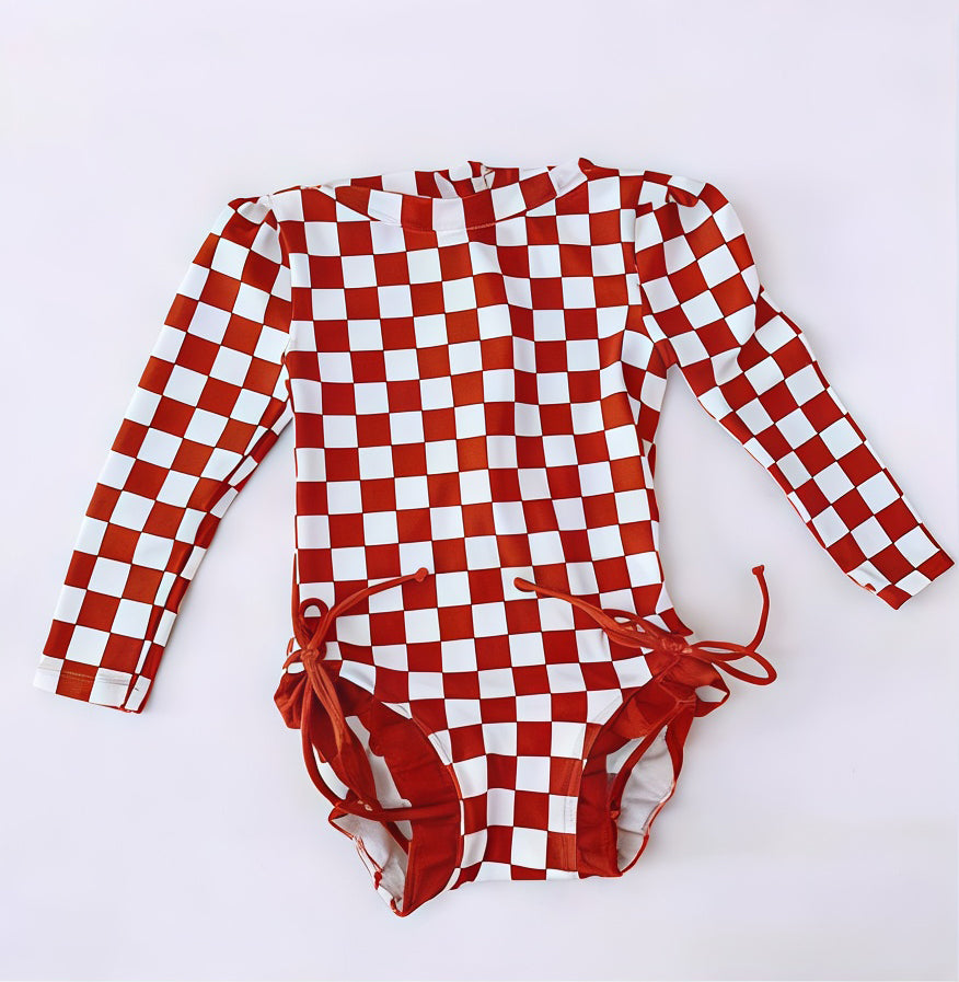 Baby Girls Red Checked Long Sleeve Ruffle Bummies Swimsuits Preorder