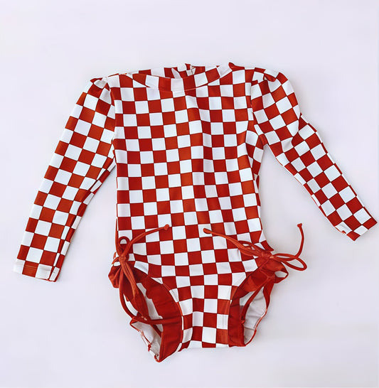 Baby Girls Red Checked Long Sleeve Ruffle Bummies Swimsuits Preorder