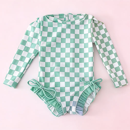 Baby Girls Green Checked Long Sleeve Ruffle Bummies Swimsuits Preorder