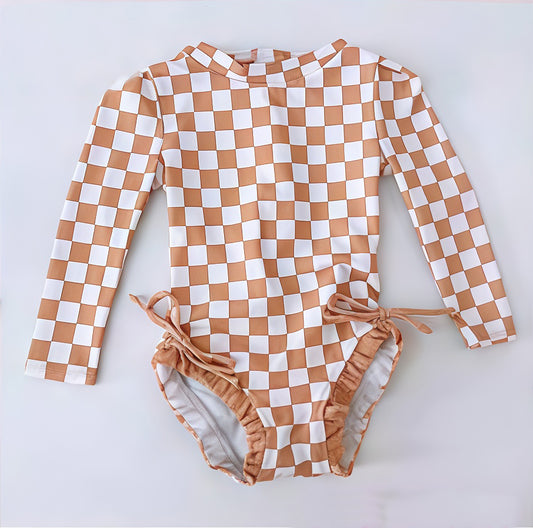 Baby Girls Khaki Checked Long Sleeve Ruffle Bummies Swimsuits Preorder