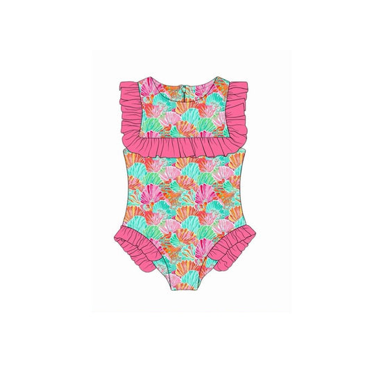 Baby Girls Sleeveless Colorful Shells Ruffle Swimsuits Preorder