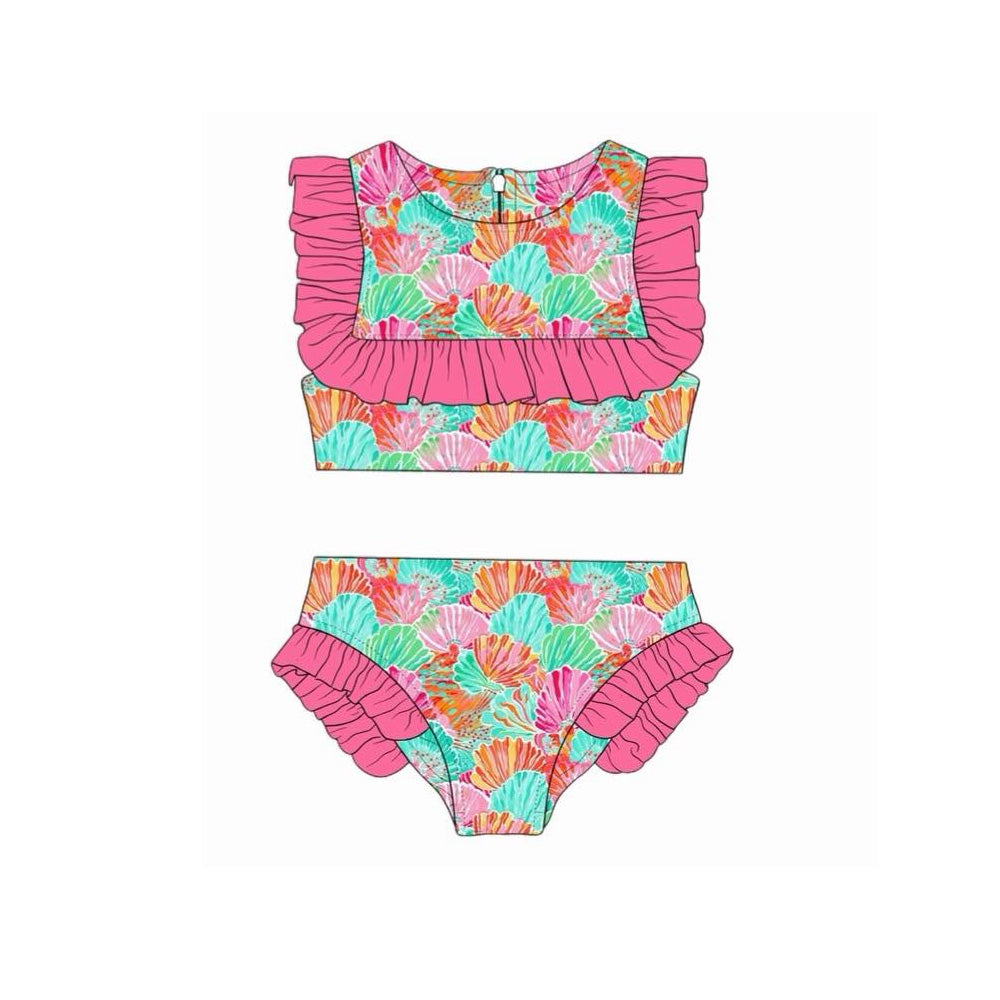 Baby Girls Sleeveless Colorful Shells Vests Ruffle Bummies 2 Piece Swimsuits Preorder