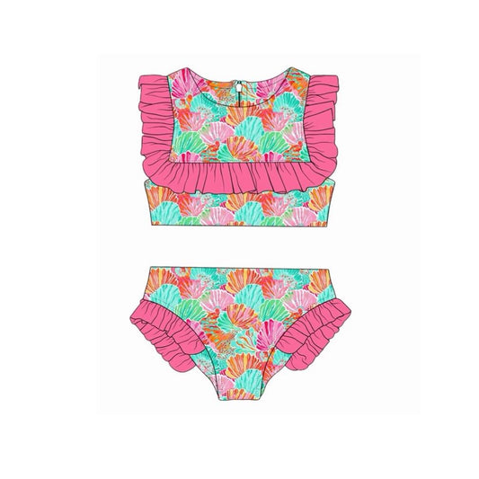 Baby Girls Sleeveless Colorful Shells Vests Ruffle Bummies 2 Piece Swimsuits Preorder