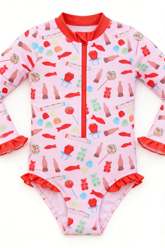 Baby Girls Long Ruffle Sleeve Fishes Candy Zipper Ruffle Swimsuits Preorder