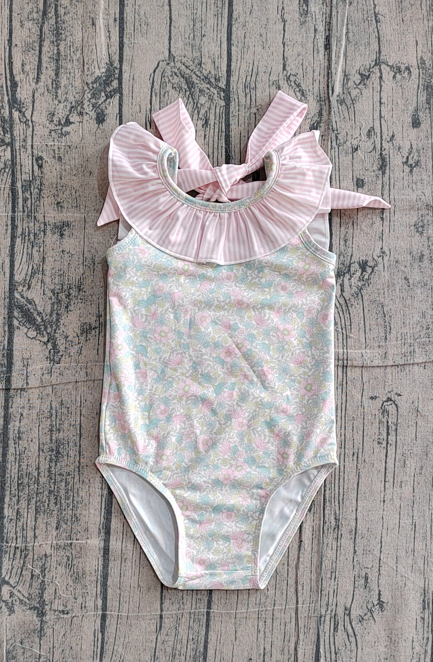 Baby Girls Stripe Bow Flutter Sleeve Colorful Flowers Swimming Swimsuits
