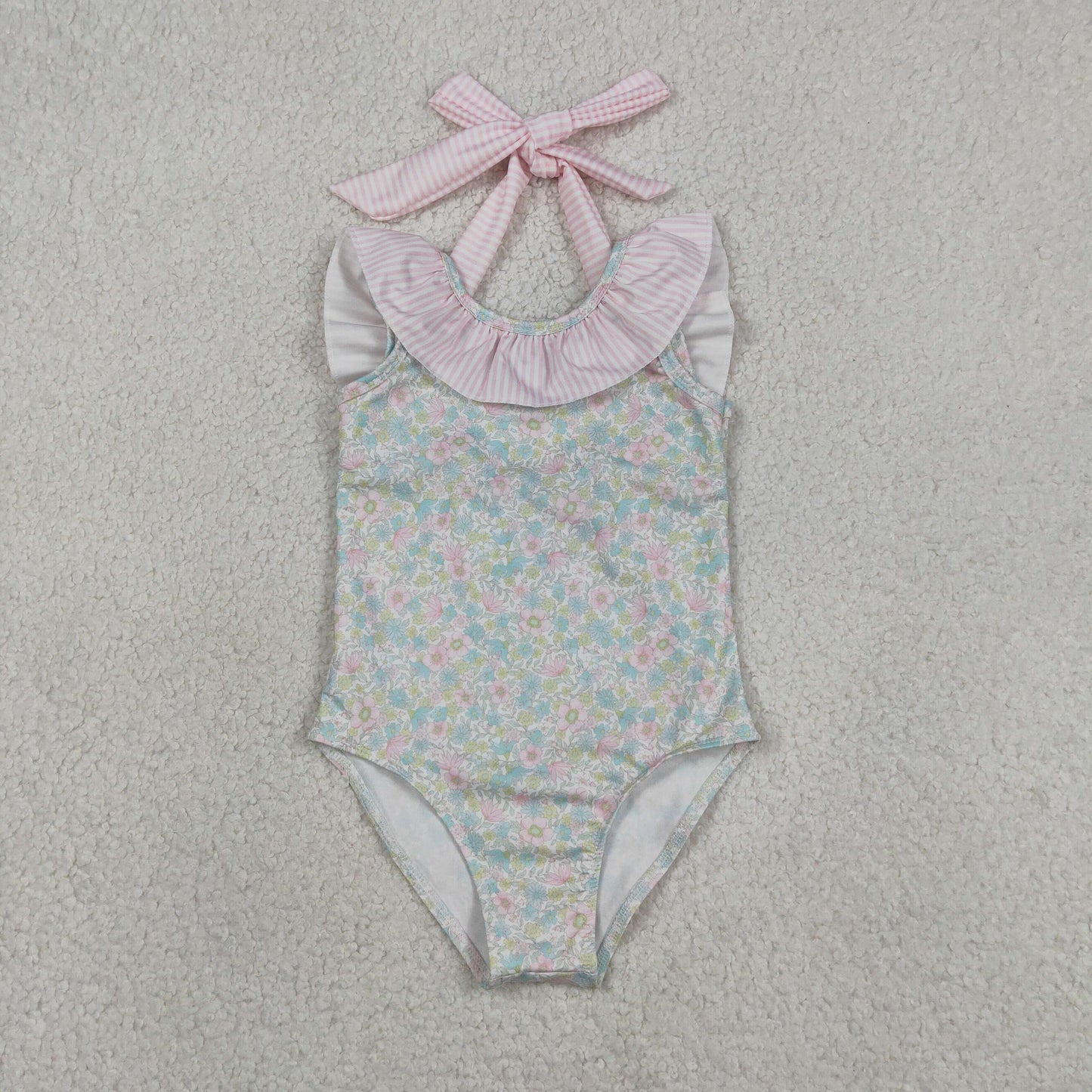 Baby Girls Stripe Bow Flutter Sleeve Colorful Flowers Swimming Swimsuits
