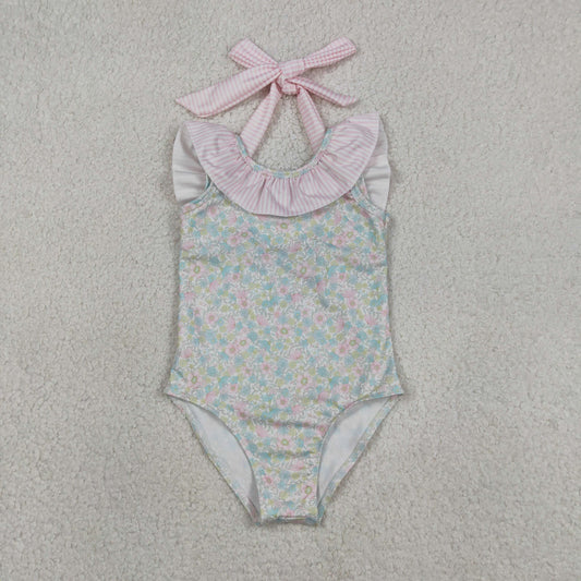 Baby Girls Stripe Bow Flutter Sleeve Colorful Flowers Swimming Swimsuits