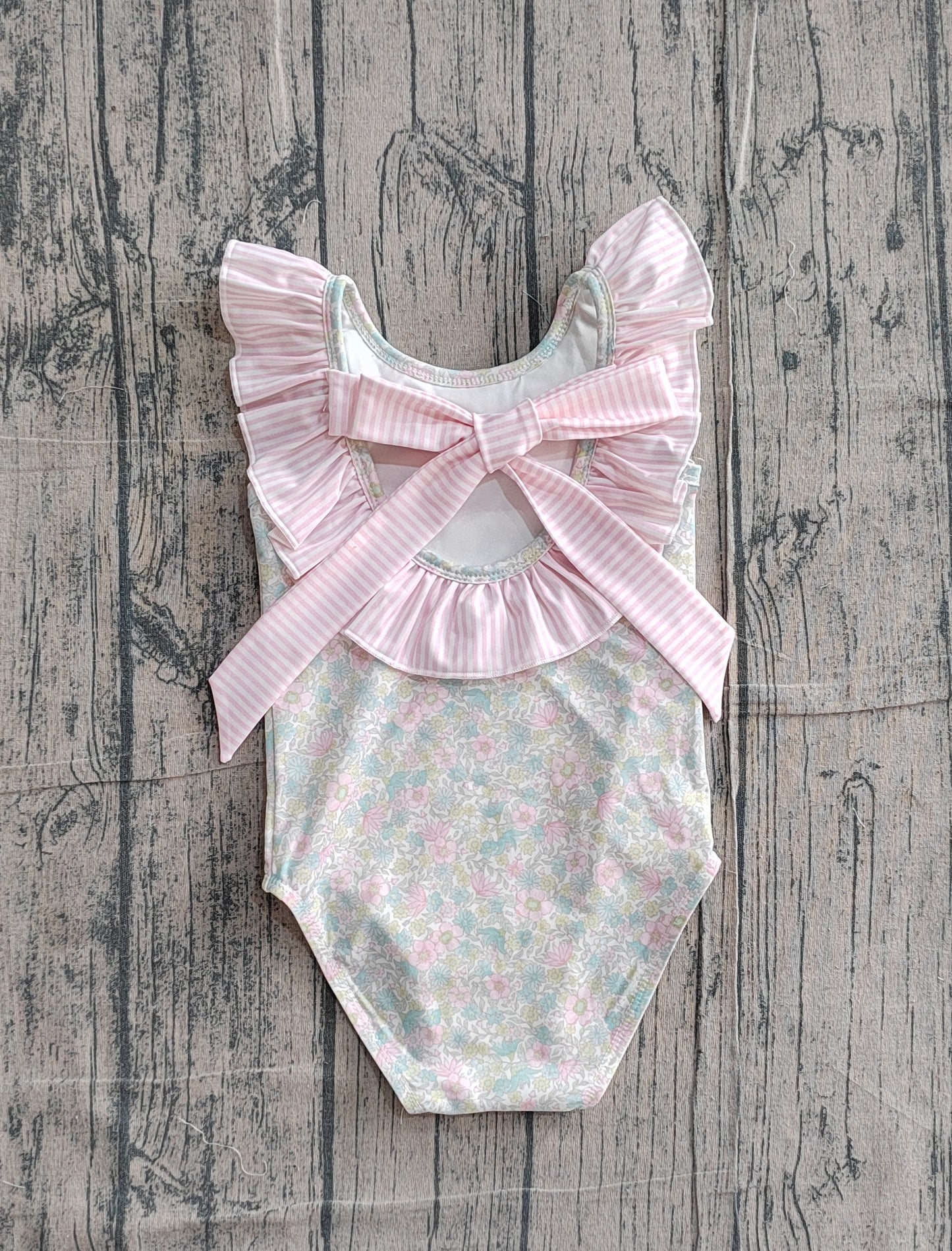 Baby Girls Stripe Bow Flutter Sleeve Colorful Flowers Swimming Swimsuits