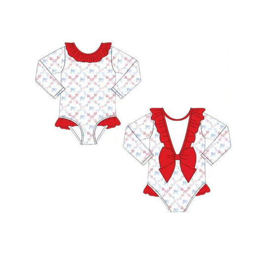Baby Girls Long Sleeve Flower Checked Back Bow 4th of July Collar Swimsuits Preorder