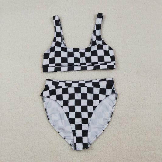 Adult Women Black Checkered Bra Top Bummies Bottom Swimsuits Sets