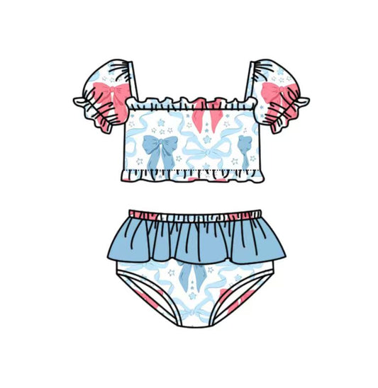 Baby Girls Blue Red Bows Stars Top Bummies 4th of July Swimsuits Preorder