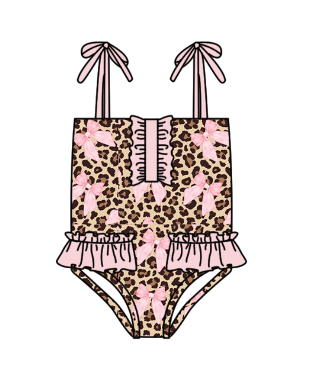 Baby Girls Strap Brown Leopard Pink Bows Swimsuits Preorder