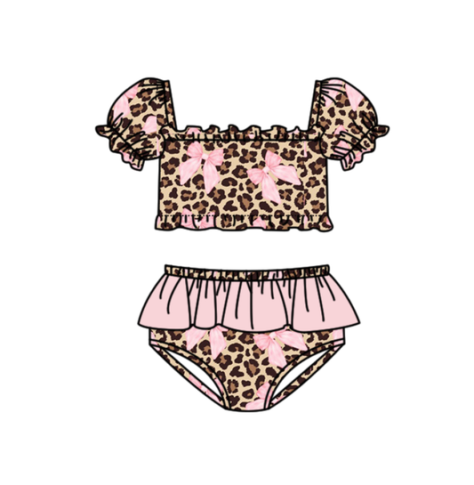 Baby Girls Brown Leopard Pink Bows Top Bummies Swimsuits Preorder