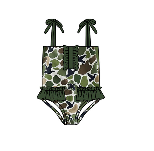 Baby Girls Strap Southern Green Camo Ducks Hunting Swimsuits Preorder
