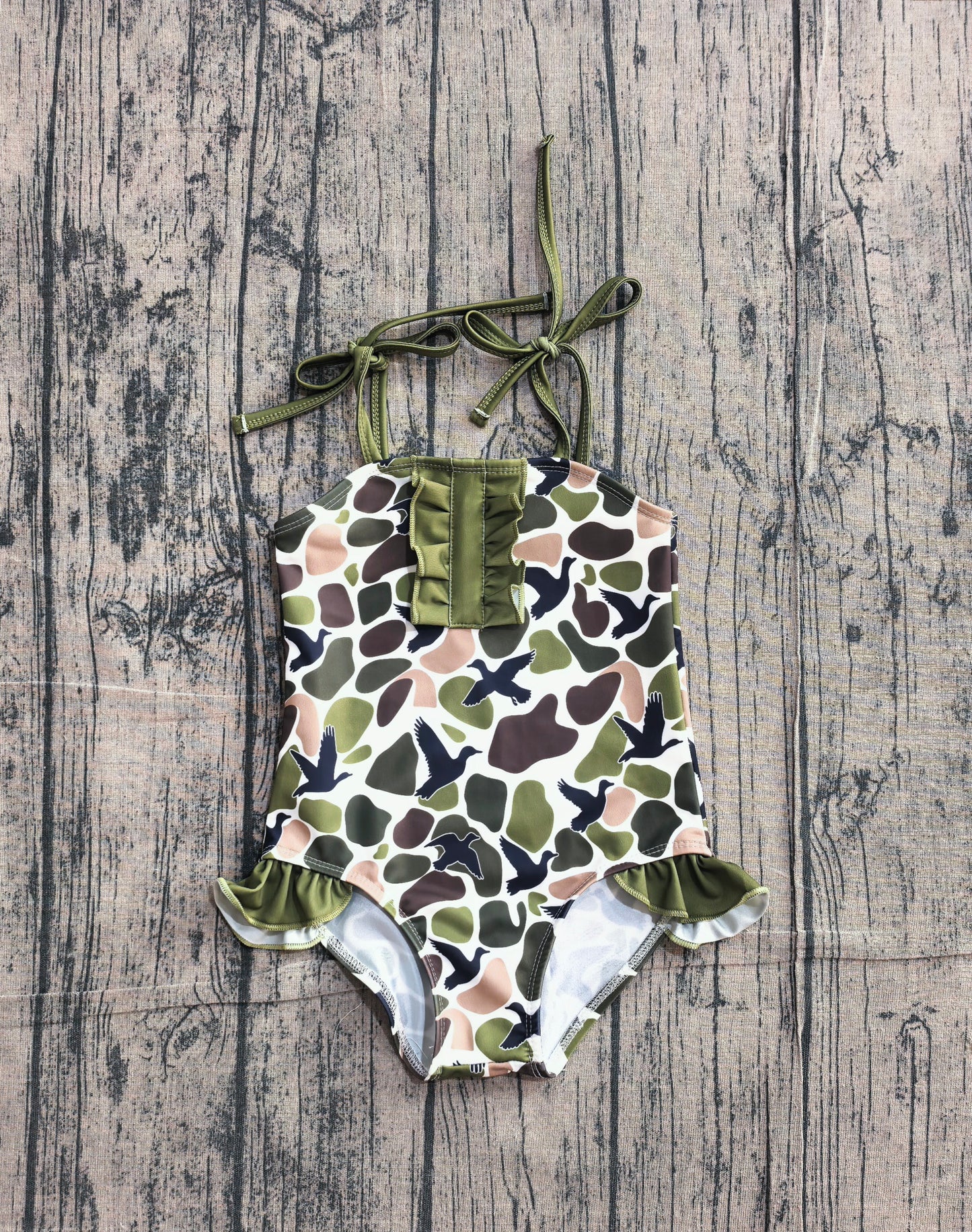Baby Girls Strap Southern Green Camo Ducks Hunting Swimsuits Preorder