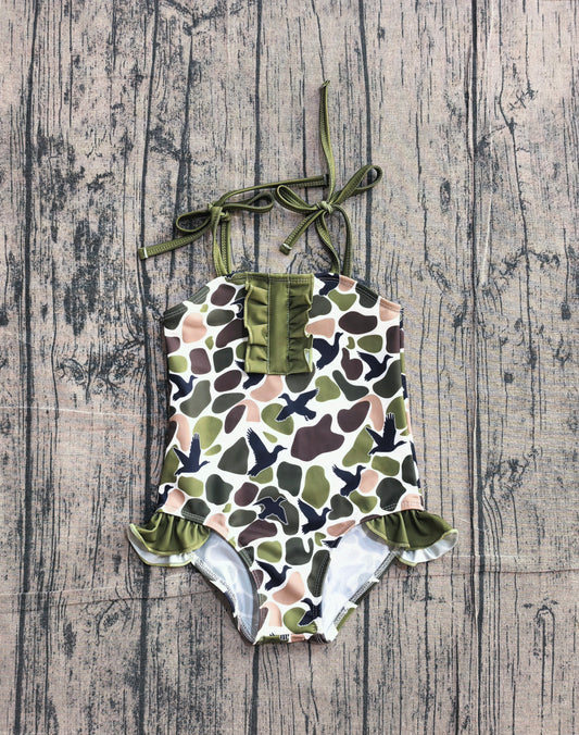 Baby Girls Strap Southern Green Camo Ducks Hunting Swimsuits Preorder