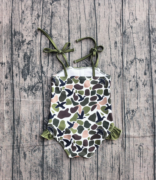 Baby Girls Strap Southern Green Camo Ducks Hunting Swimsuits Preorder