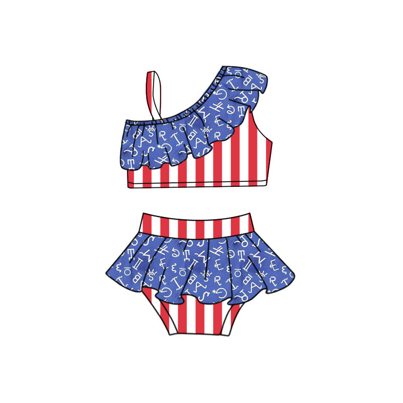 Baby Girls Strap Letters Stripe Vests Top Bummies 4th of July Swimsuits Preorder