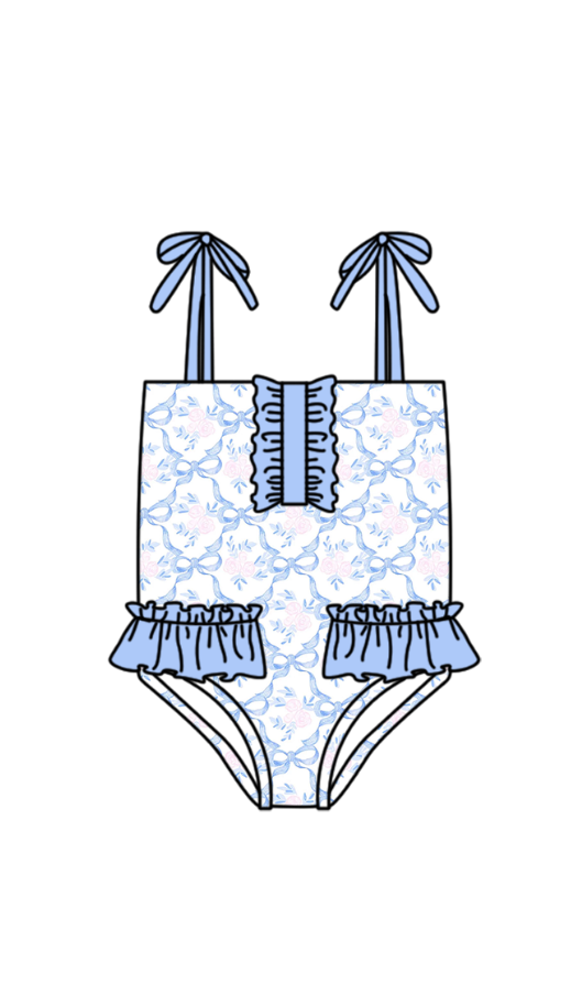 Baby Girls Blue Strap Flowers Bows Checked Swimsuits Preorder