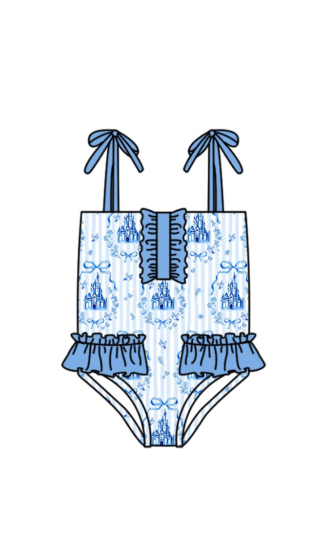 Baby Girls Strap Blue Stripe Bows Castles Swimsuits Preorder