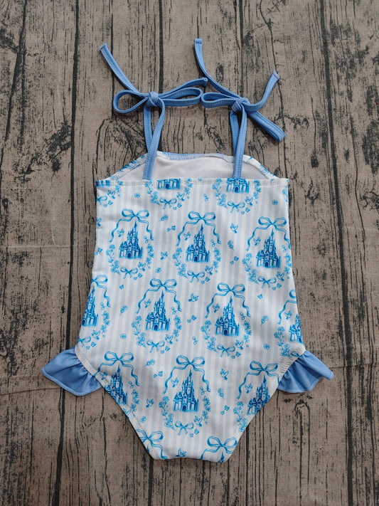 Baby Girls Strap Blue Stripe Bows Castles Swimsuits Preorder