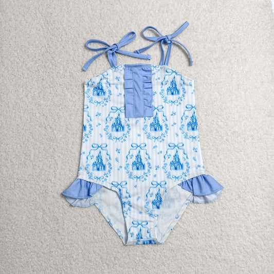 Baby Girls Strap Blue Stripe Bows Castles Swimsuits