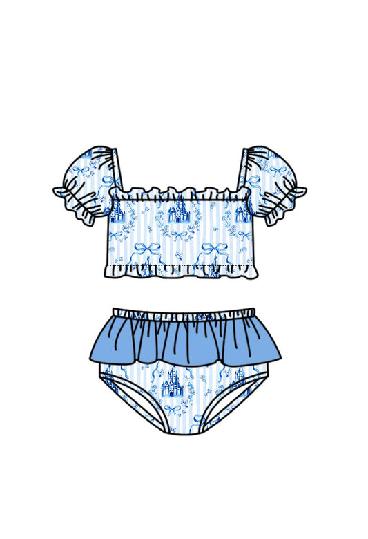 Baby Girls Blue Stripe Bows Castles Top Bummies Swimsuits Preorder