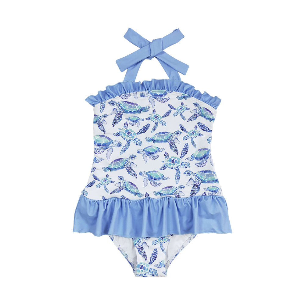 Baby Girls Blue Strap Tortoises Plaid Swimsuits Preorder