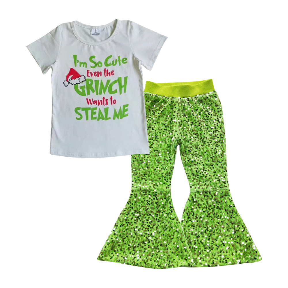 Baby Girls Christmas Green Tee Shirts Sequin Pants clothes sets