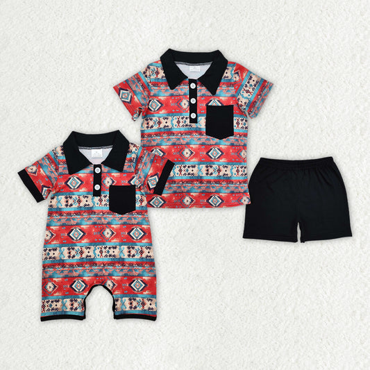 Sibling Baby Boys Western Aztec Black Rompers Clothes Sets