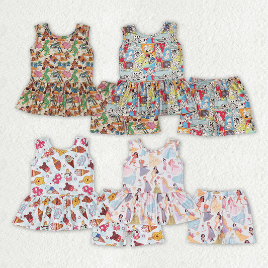 Sibling Baby Girls Cartoon Sleeveless Tunic Shorts Clothes Sets