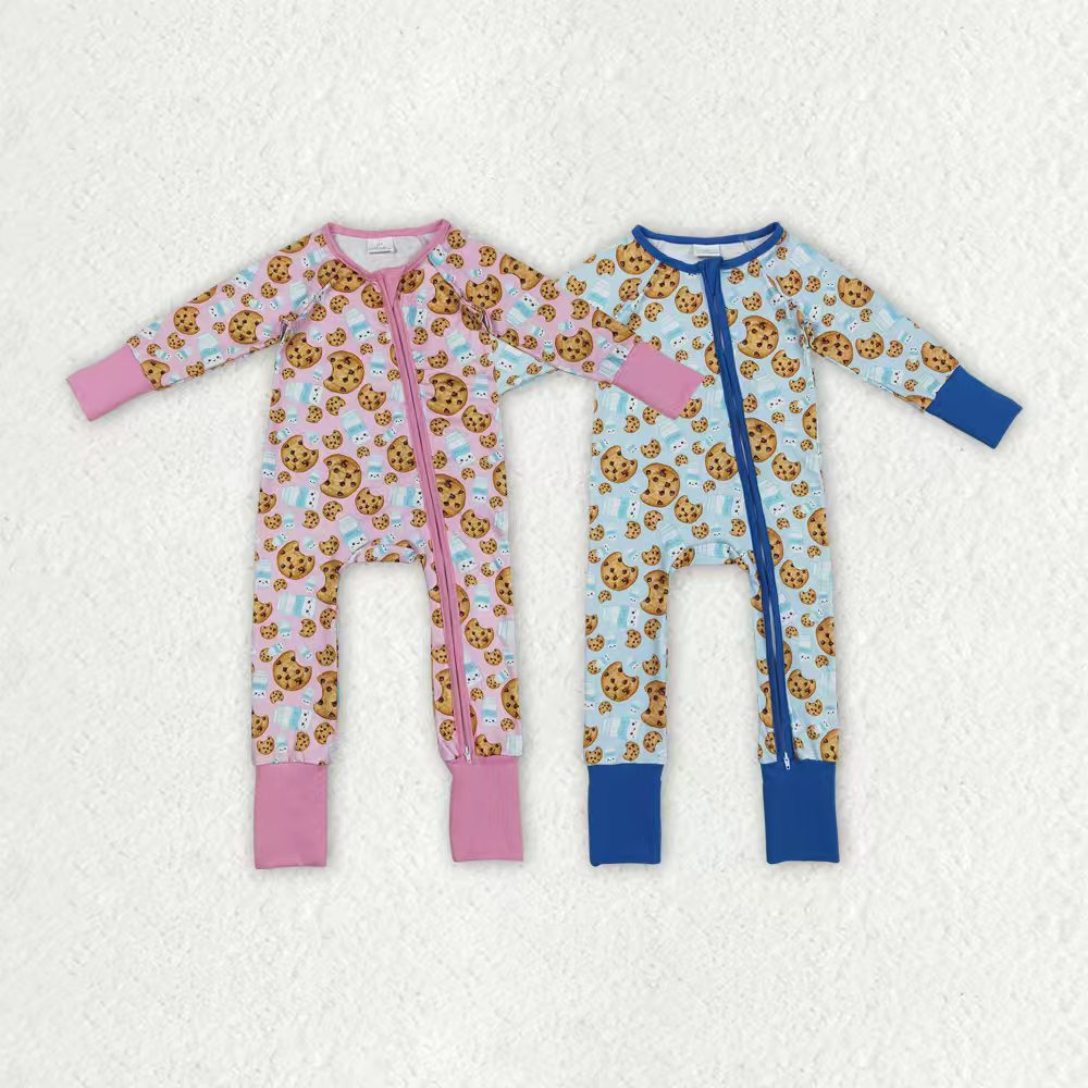Sibling Boys Baby Girls Christmas Milk Cookies Zipper Footie Rompers