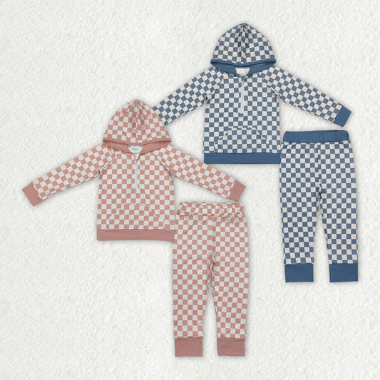 Sibling Boys Baby Girls Checkered Zip Hooded Top Pants Clothes Sets