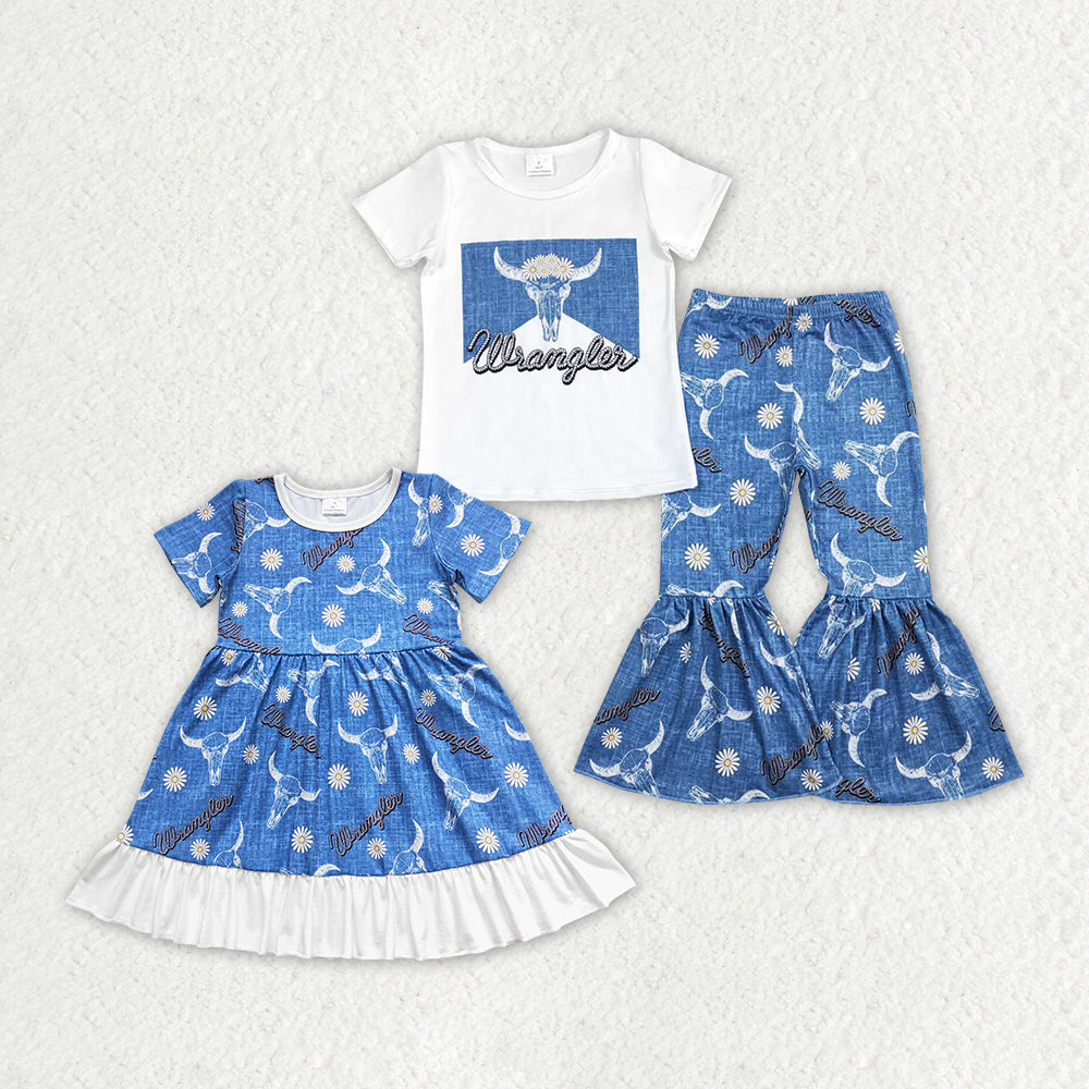 Sibling Baby Girls Cow Flowers Western Dresses Clothes Sets