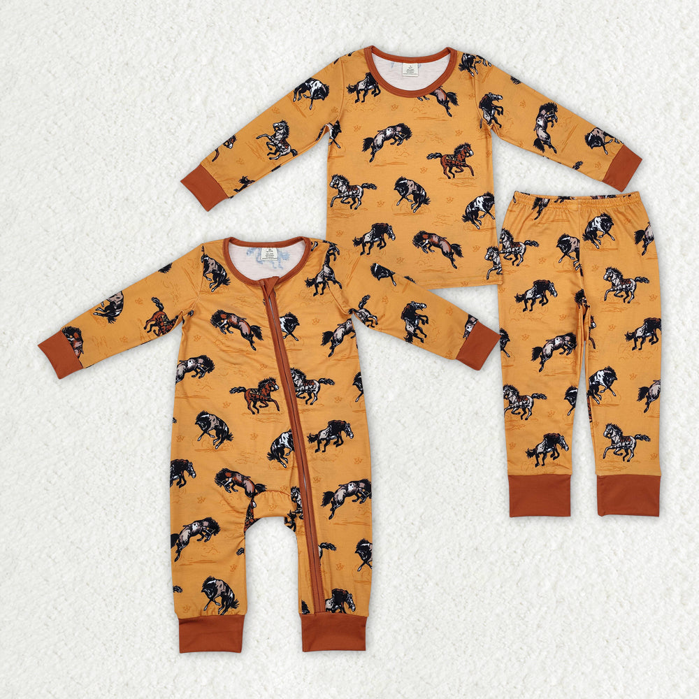 Sibling Brother Baby Boys Western Horse Bamboo Rompers Pajamas