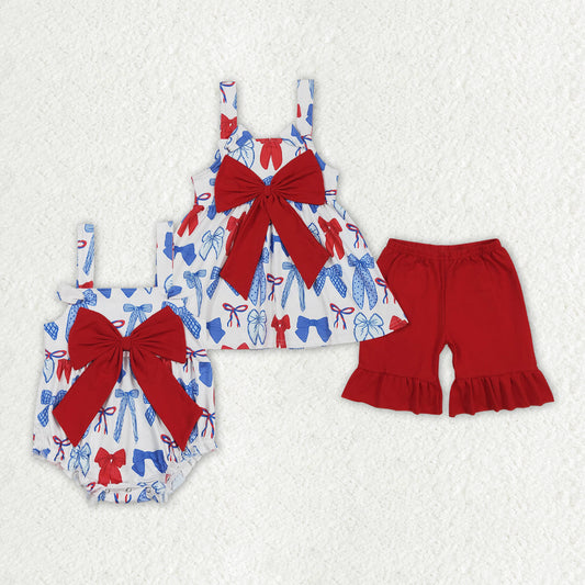 Sibling Baby Girls 4th of July Big Bows Rompers Sets