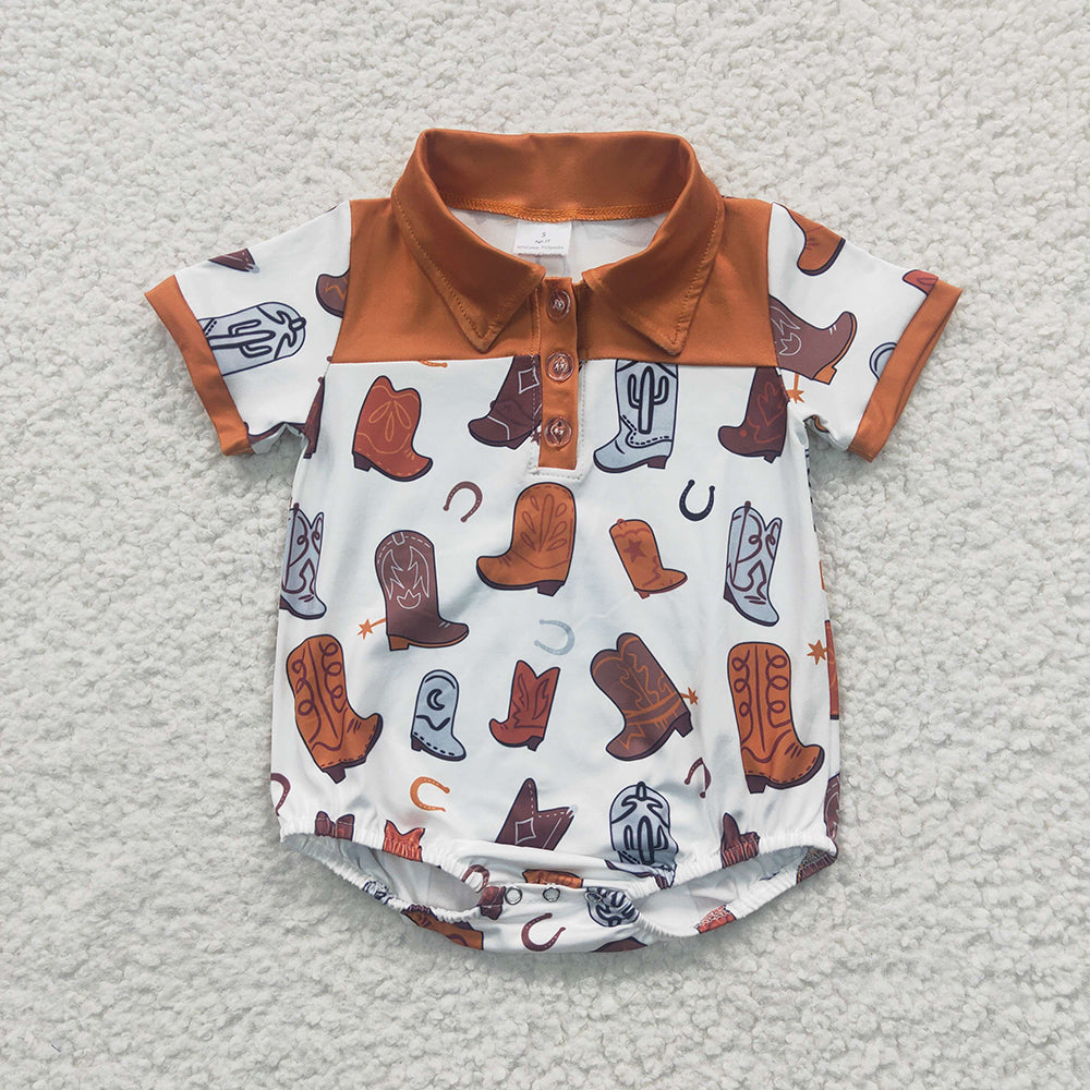 Sibling Baby Boys Western Buttons Short Sleeve Rompers