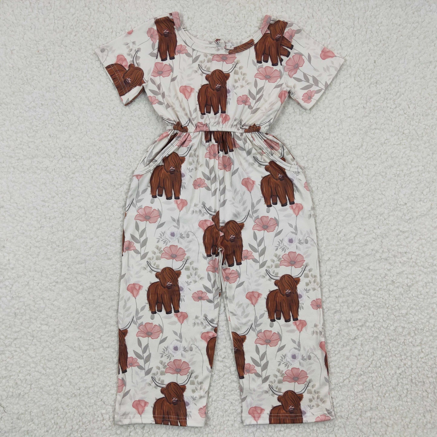 Sibling Baby Girls Short Sleeves Highland Cows Floral Pockets Jumpsuits