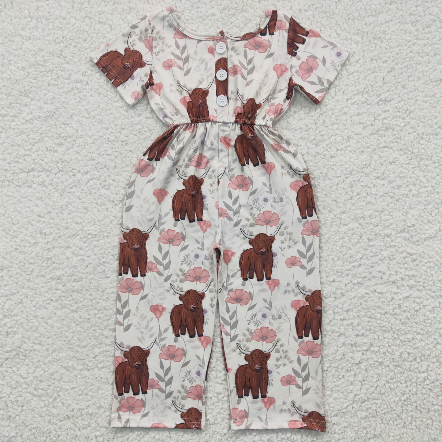 Sibling Baby Girls Short Sleeves Highland Cows Floral Pockets Jumpsuits